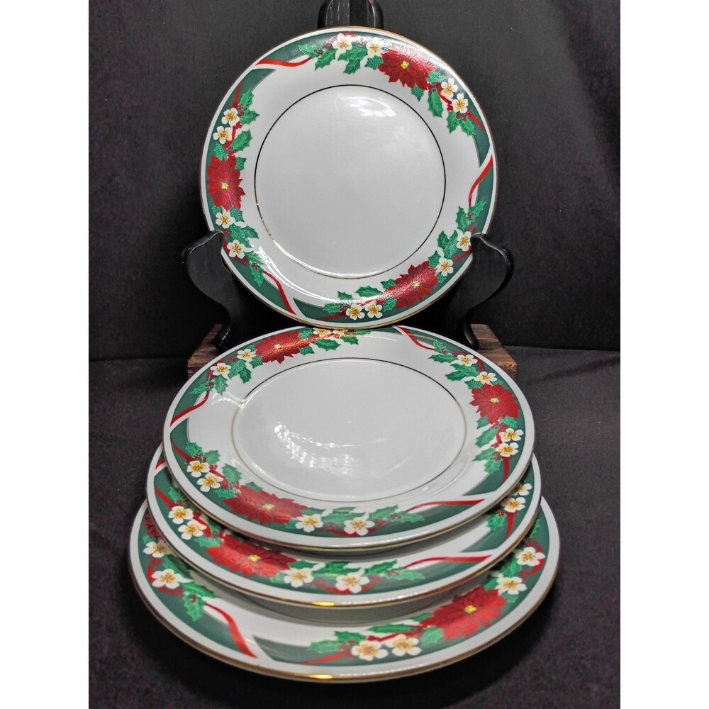 Tienshan Deck the Halls 7.5" Salad Plates Set of 4 Christmas Poinsettia